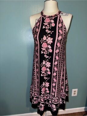 LOFT beautiful knit black and pink floral halter style midi dress Size Small